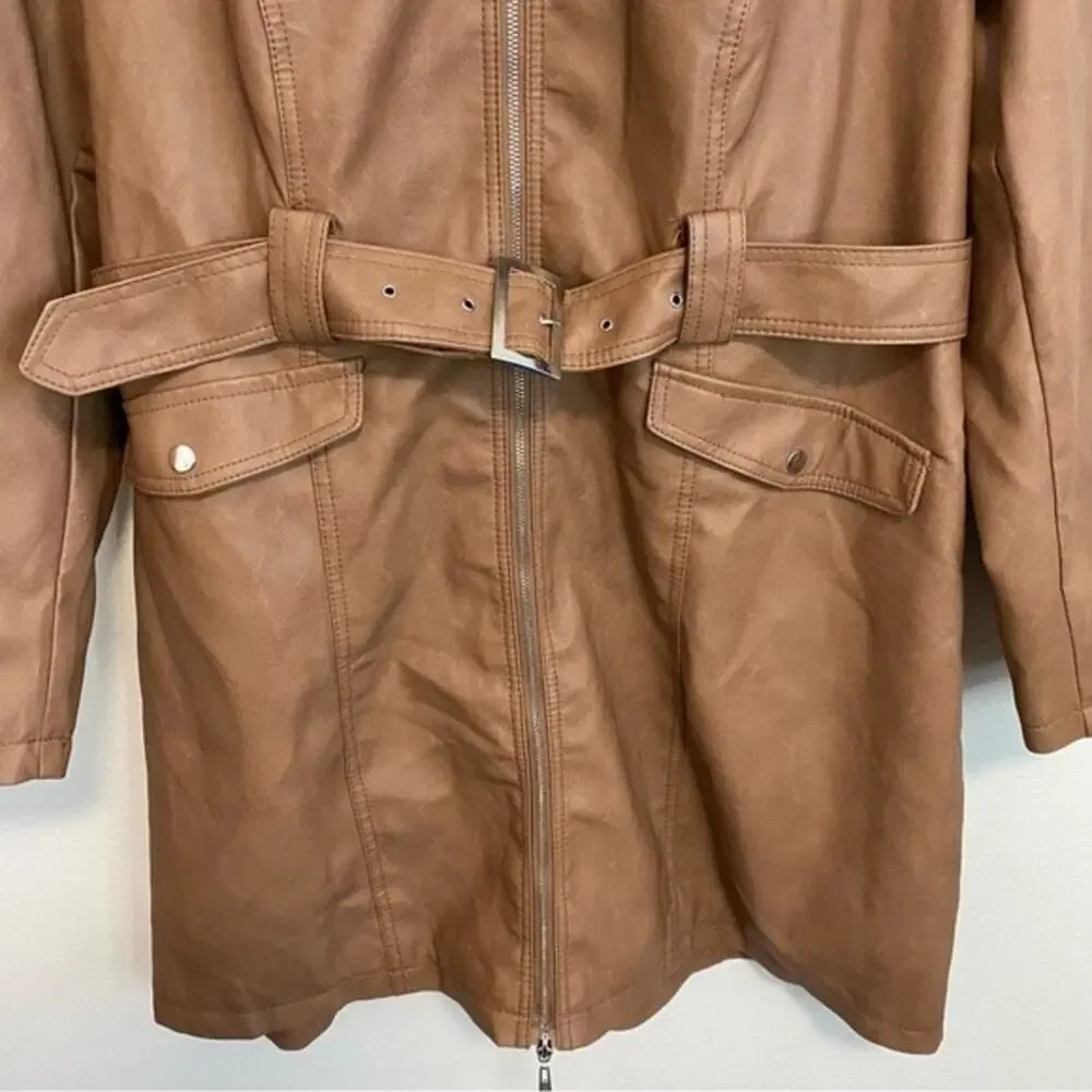 Cavalini Tan Leather Trench Coat with Faux Fur Collar - Picture 3 of 6